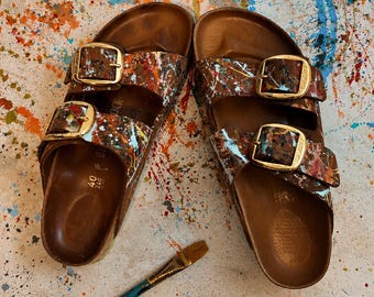 Hand-Painted Birkenstock Sandals | Abstract Wearable Art Slides, Streetwear Footwear