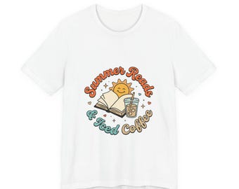 Zomerse leesstof & ijskoffie T-shirt | Leuk retro zomershirt | T-shirt met boekenliefhebbers-uitstraling | Gezellig koffie-T-shirt | Pastel vintage zomershirt