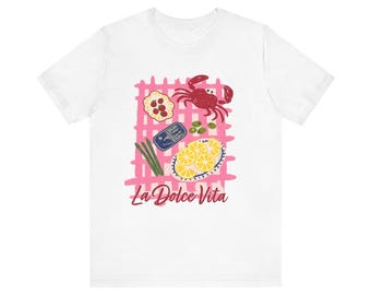 La Dolce Vita Krabpicknick T-shirt, zomerse kustprint T-shirt, Italiaans vis- en zeevruchten-shirt, leuk strandvakantie-shirt, mediterrane zomer