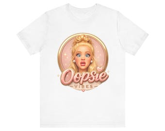 Oopsie Vibes Blonde Doll Face Tee, Girly Aesthetic T-Shirt, Coquette Pink Graphic Shirt, Cute Retro Barbie Inspired Style, Trendy Soft Girl