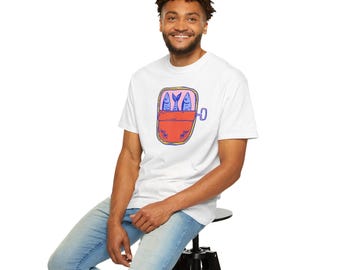 Grappig T-shirt met sardineprint, T-shirt met vismotief, minimalistisch oceaan T-shirt, schattig T-shirt met zeevruchtenprint, unisex T-shirt in comfortabele kleuren, streetwear in kuststijl