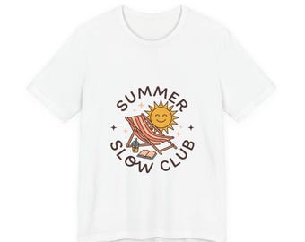 Zomerse Slow Club T-shirt, shirt met strandthema, T-shirt met zomerse kustvibes, schattig T-shirt met zonprint, vakantiekleding voor op het strand, retro zomershirt