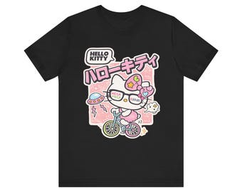 Hello Kitty fiets T-shirt met grafische print | Japanse tekst, schattige pastelkleurige cartoon