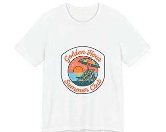 Golden Hour Summer Club T-shirt, zomershirt met kustthema, T-shirt met strandvibes, retro T-shirt met zonsondergangprint, esthetische zomerkleding