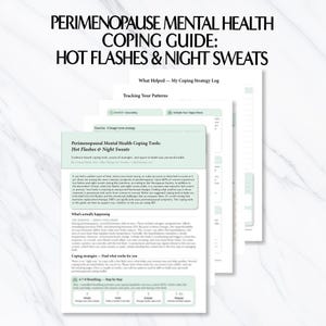 Puede incluir: Un conjunto de guías impresas tituladas "Guía de afrontamiento de la salud mental en la perimenopausia: sofocos y sudores nocturnos". Las guías incluyen texto sobre estrategias de afrontamiento y seguimiento de patrones. El esquema de color es blanco y verde.