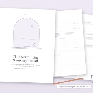 May include: A printable document titled The Overthinking & Anxiety Toolkit, featuring CBT worksheets, worry time, and a 30-day thought log. The cover displays a line drawing of an arched window with a crescent moon, a cup, and a plant.