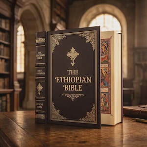 May include: A hardcover edition of "The Ethiopian Bible" stands open on a wooden table. The dark brown cover features gold decorative accents and the title in gold lettering. The open pages reveal colorful illustrations. The book is in a library setting.