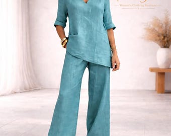 Linen Cotton Two Piece Set for Women | Loose Fit Wide Leg Outfit