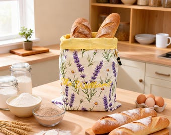 Sac à pain en cire d'abeille brodé avec nom personnalisé, rangement réutilisable pour le pain au levain, accessoire de cuisine zéro déchet, cadeau de pendaison de crémaillère pour les boulangers amateurs