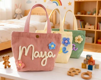 Personalized Corduroy Tote Bag, Custom Name Kids Carry Bag, Sticker children's handbag, Daycare Essential, Baby Shower Gift