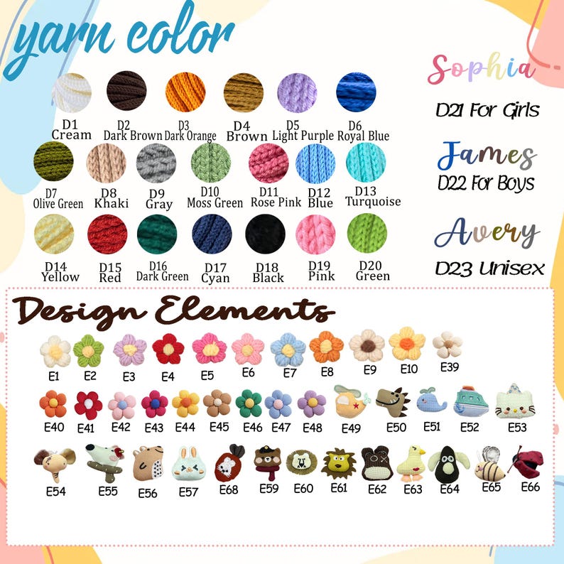May include: A color chart displaying twenty yarn options labeled D1 through D20 with corresponding names like Cream, Dark Brown, and Yellow. Below, a design elements chart shows various small plush flower and animal icons labeled E1 through E66.