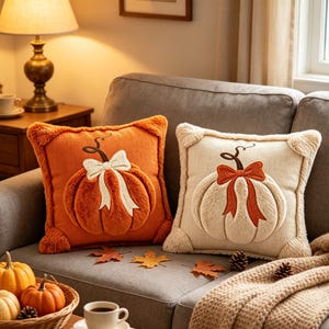 May include: Two square throw pillows featuring plush, raised pumpkin designs. One pillow is orange with a cream-colored bow, and the other is cream-colored with an orange bow. Both pillows have textured fabric and soft, fuzzy pumpkin accents.