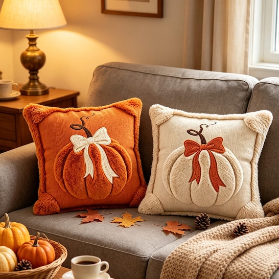 Fall Pumpkin Throw Pillow, Halloween Home Decor Accent, Autumn Sofa Cushion, Cozy Seasonal Pillow for Living Room, Bedroom and Kids Room