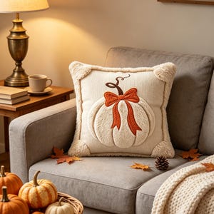 May include: A square cream-colored throw pillow featuring a plush, textured pumpkin applique in the center. The pumpkin is accented with a bright orange embroidered bow and a dark brown stem. The pillow has fuzzy corner details and a ribbed fabric.