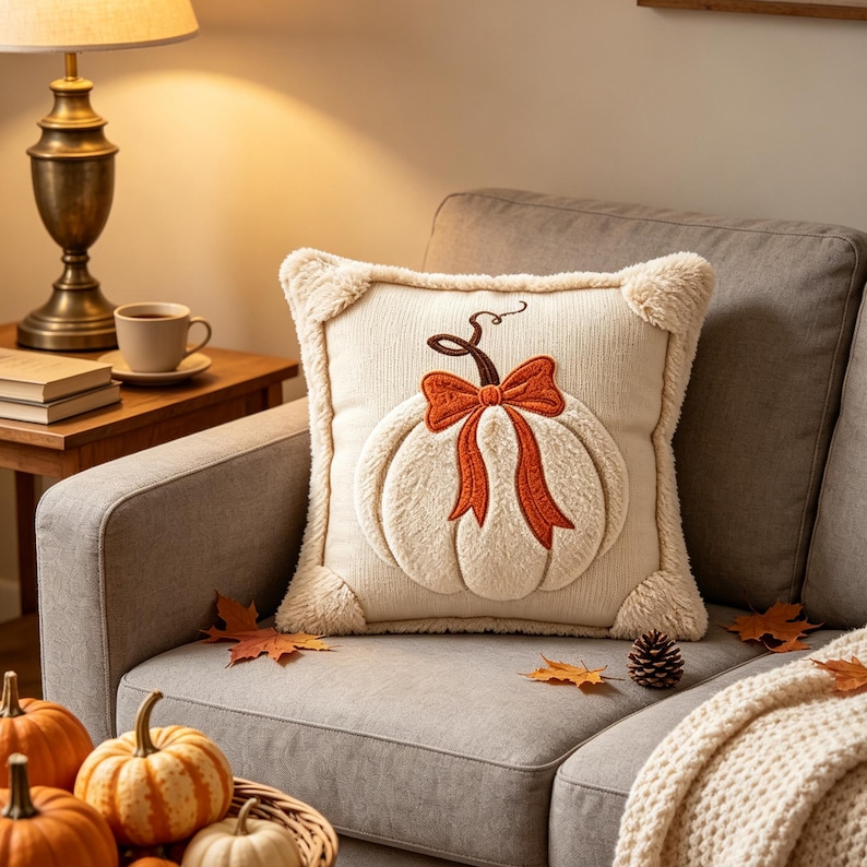 May include: A square cream-colored throw pillow featuring a plush, textured pumpkin applique in the center. The pumpkin is accented with a bright orange embroidered bow and a dark brown stem. The pillow has fuzzy corner details and a ribbed fabric.