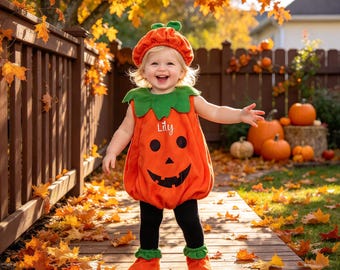 May include: A toddler wearing an orange pumpkin costume with a green collar, a matching pumpkin hat, and orange booties. The costume features a black jack-o'-lantern face and the name Lily printed in white script on the chest, worn over black leggings.