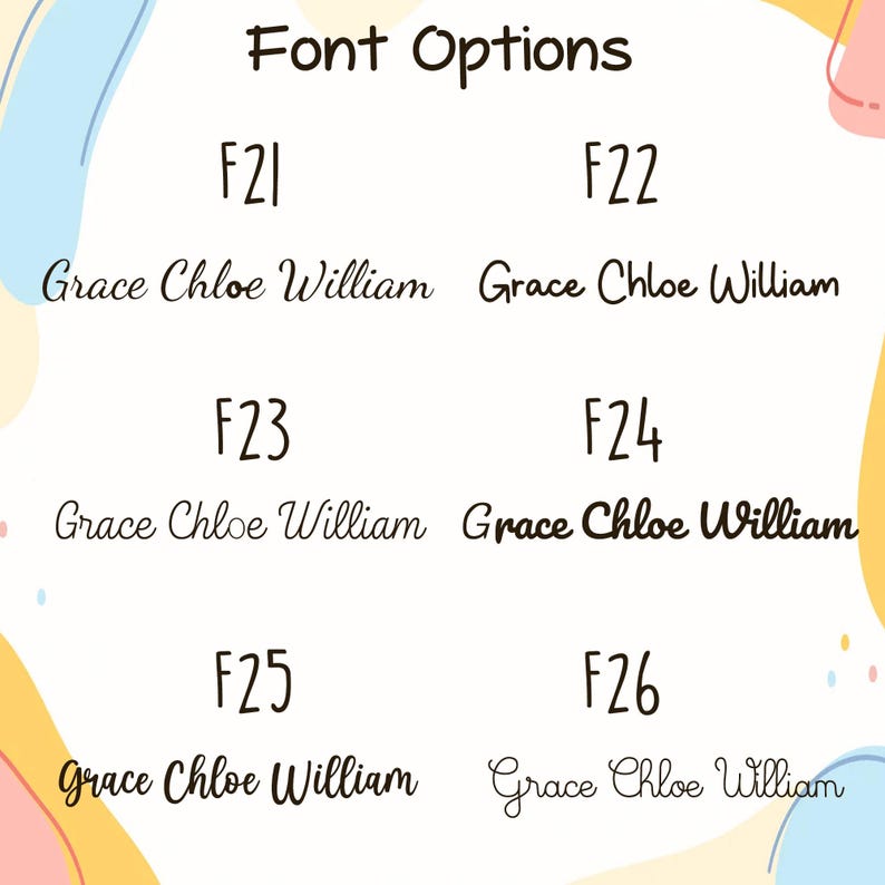 May include: A font options chart displaying six distinct black typeface styles labeled F21 through F26. Each style shows the names Grace, Chloe, and William in varying scripts and weights, set against a white background with abstract pastel shapes.