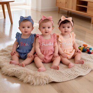 Personalized Muslin Baby Romper, Embroidered Name Ruffle Bubble Outfit,Baby Summer Clothes, Baby Girl Newborn Outfit