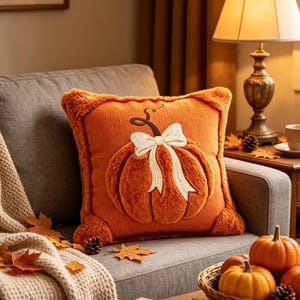 May include: A square orange throw pillow featuring a plush, textured pumpkin design in the center. The pumpkin is accented with a white embroidered bow tied around its stem. The pillow has a soft, fuzzy border and a ribbed fabric background.