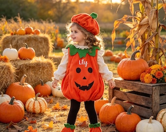 Pumpkin Costume for Kids, Halloween Dress Up Set with Hat and Shoe Covers, Toddler Jack O Lantern Outfit for Trick or Treat Parties