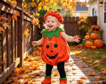May include: A pumpkin costume featuring a bright orange, rounded tunic with a black jack-o'-lantern face and the name Sophia printed in white script. The outfit includes a matching orange pumpkin hat, green collar trim, black leggings, and orange booties.