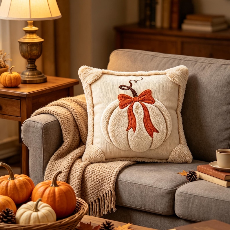 May include: A square cream-colored throw pillow featuring a plush, raised pumpkin design in the center. The pumpkin is accented with a prominent orange ribbon bow tied at the stem. The pillow has a textured fabric finish and fuzzy corner details.