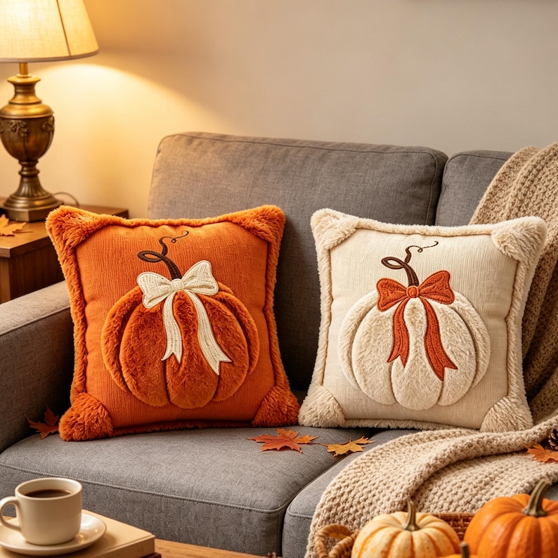 May include: Two square throw pillows featuring a plush, raised pumpkin design with a bow. One pillow is orange with a cream-colored bow, and the other is cream-colored with an orange bow. Both have textured fabric and fuzzy corner accents.