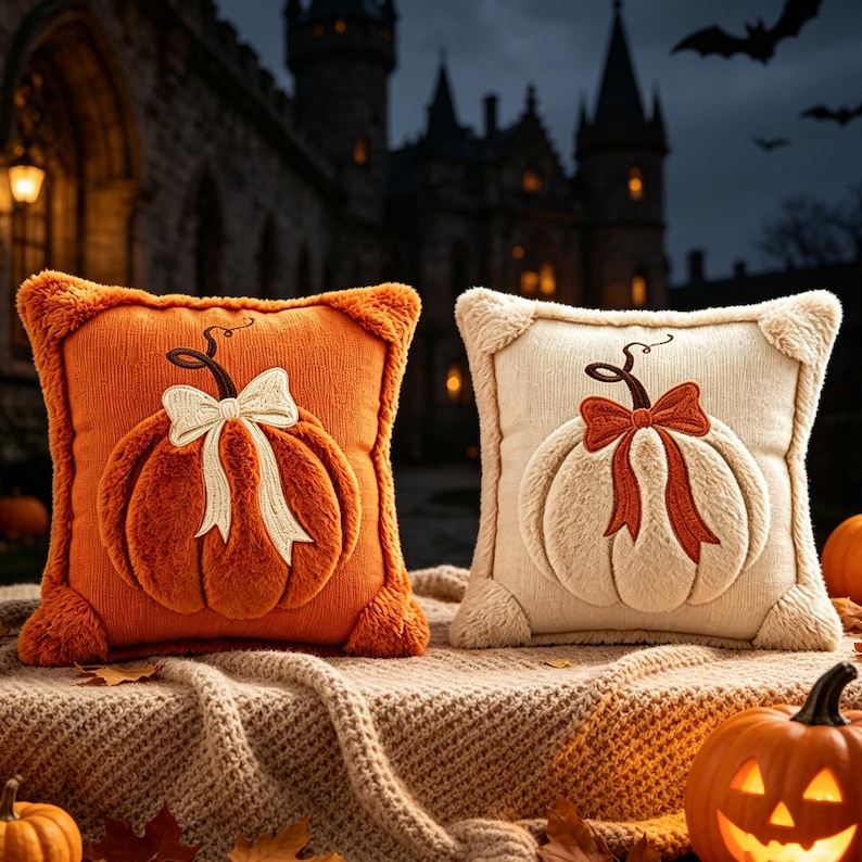 May include: Two square throw pillows featuring plush, raised pumpkin designs. The left pillow is orange with a cream-colored bow, while the right pillow is cream-colored with an orange bow. Both have textured fabric and soft, fuzzy corners.