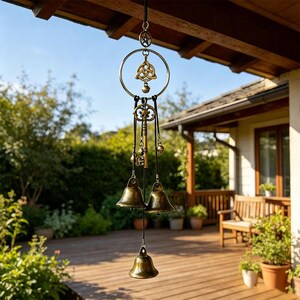 Wiccan Triquetra Pentacle Wind Chime|Vintage Bronze Witch Key Bell Windchime, Home Decor, Outdoor Garden Hanging Ornament, Housewarming Gift