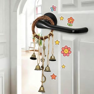 Witch Bells Wreath Door Hanger, Natural Rattan Wiccan Protection Wind Chime|Vintage Bronze Bell Wall Decor, Moon Pentacle Key Charm Ornament