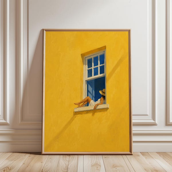 Woman in Yellow Window Wall Art, Mediterranean Summer Artwork, Minimalist Home Decor