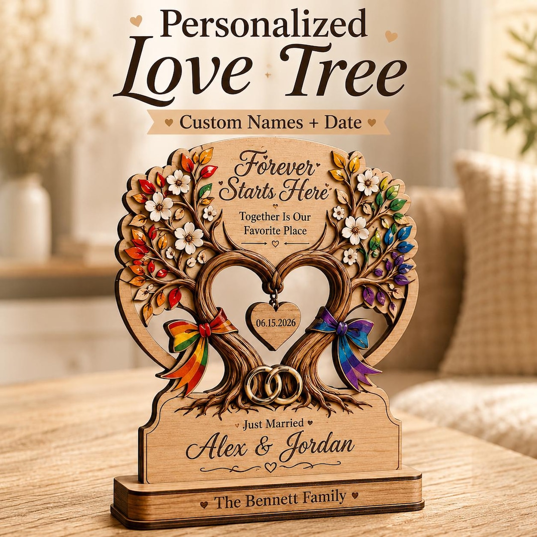 Personalized LGBT Wedding Love Tree Sign, Custom Couple Names Wooden Gift, Pride Anniversary Keepsake Decor - 14"
