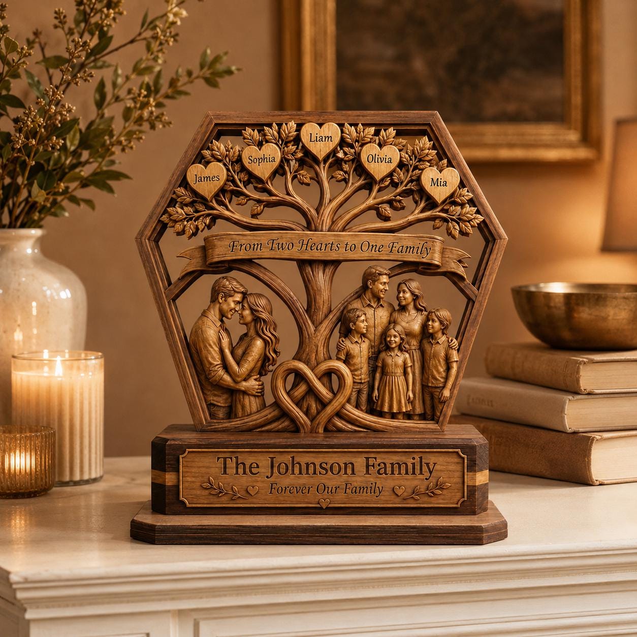 Personalized Family Tree Wooden Block, Custom Family Name 2D Wood Sign ...