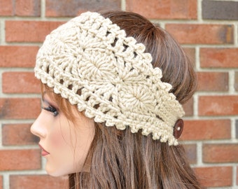 Crochet Ear Warmer, Handmade Accessory Womens Crochet Headband  in Lace color. Style.1