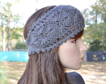 Crochet Ear Warmer, Handmade Accessory Womens Crochet Headband  in Heather Gray.