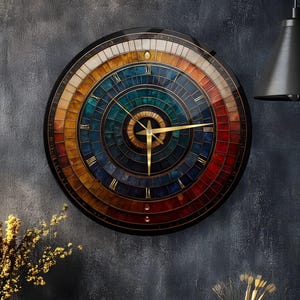 Tempered Glass Wall Clock, Colorful Geometric Roman Numeral Timepiece, UV Printed Sacred Geometry Art