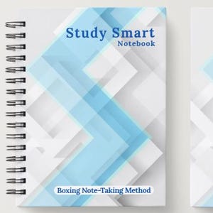 May include: A spiral-bound notebook featuring a geometric pattern of overlapping light blue and white rectangles. The front cover displays the text Study Smart Notebook and Boxing Note-Taking Method. The back cover includes a small square QR code.