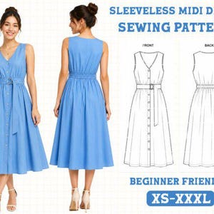 May include: A sleeveless midi dress sewing pattern. The image shows a light blue dress with a V-neck, button-down front, and a belt. The pattern includes front and back views, and is beginner friendly, available in sizes XS-XXXL.