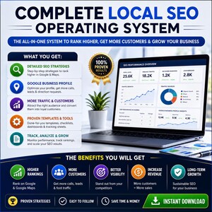 Op de afbeelding: Een laptop toont SEO-prestatiegegevens, waaronder verkeersbronnen en zoekwoordrangschikkingen. De afbeelding promoot een lokaal SEO-besturingssysteem met voordelen zoals hogere rankings, meer klanten en meer omzet. Tekst bevat "Complete Local SEO Operating System."