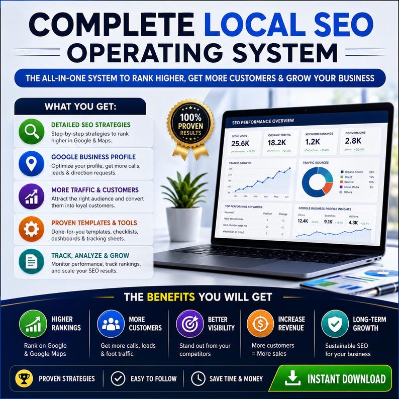 Op de afbeelding: Een laptop toont SEO-prestatiegegevens, waaronder verkeersbronnen en zoekwoordrangschikkingen. De afbeelding promoot een lokaal SEO-besturingssysteem met voordelen zoals hogere rankings, meer klanten en meer omzet. Tekst bevat "Complete Local SEO Operating System."