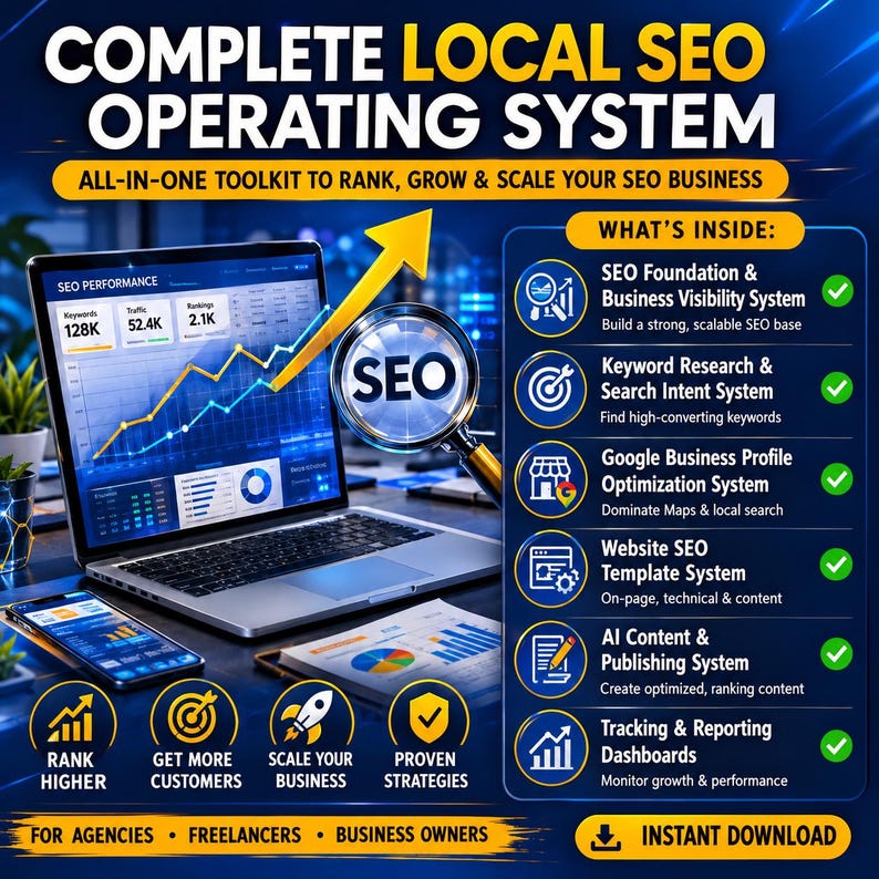 Op de afbeelding: Een digitale marketingafbeelding met de tekst "COMPLETE LOCAL SEO OPERATING SYSTEM". De afbeelding bevat een laptop met SEO-prestatiestatistieken, een vergrootglas over het woord "SEO" en pictogrammen die verschillende SEO-tools en -strategie&euml;n vertegenwoordigen.