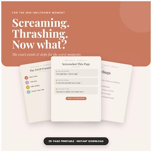 Op de afbeelding: Een digitale toolkit met een terracotta achtergrond met de tekst For the mid-meltdown moment. Screaming. Thrashing. Now what? The exact words & steps for the worst moments. Drie witte kaarten tonen opvoedingsscripts, het STOP-framework en een knop voor een direct te downloaden printbare set van 25 pagina's.
