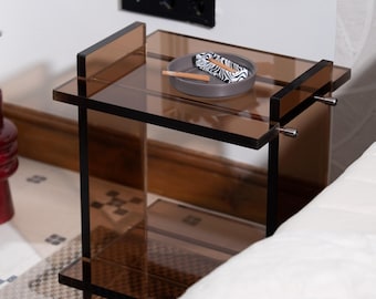 Bruine moderne transparante bijzettafel, extra dik kleurrijk acryl nachtkastje slaapkamer, minimalistische salontafel woonkamer