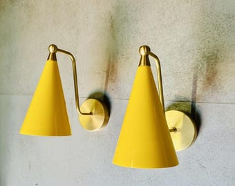 Mid Century Modern Brass Wall Sconce, Yellow Cone Shade, Handmade Lamp