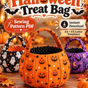 May include: Three fabric Halloween treat bags with handles. The centre bag is orange with jack-o'-lanterns and stars. The left bag is black with white ghosts. The right bag is purple with bats and moons. Text reads Halloween Treat Bag, Sewing Pattern PDF, Instant Download, A4 + US Letter Templates.