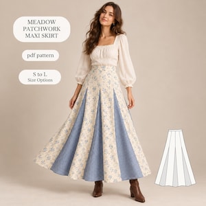 May include: A maxi skirt featuring a patchwork design of cream fabric with a blue floral print and blue gingham panels. The text reads MEADOW PATCHWORK MAXI SKIRT, pdf pattern, and S to L Size Options. A technical line drawing of the skirt is included.
