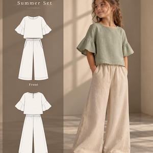 Könnte beinhalten: Ein zweiteiliges Set bestehend aus einem salbeigrünen Oberteil mit ausgestellten Ärmeln und einer beigen Hose mit weitem Bein. Das Bild enthält eine technische Skizze mit der Aufschrift LINA Summer Set für Vorder- und Rückansicht.