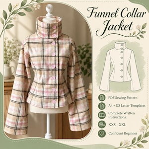 Può includere: Una giacca con colletto a imbuto con motivo a quadri beige, rosa e nero, dotata di maniche lunghe svasate e chiusura frontale con bottoni. L'immagine include il testo Funnel Collar Jacket, PDF Sewing Pattern, A4 + US Letter Templates, Complete Written Instructions, XXS - XXL e Confident Beginner.