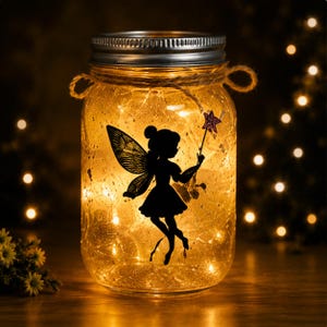 Op de afbeelding: Een heldere glazen pot met een zilveren deksel, gevuld met warmwitte lichtslingers. Een zwart silhouet van een fee met een toverstaf staat op de voorkant. De pot is omwikkeld met touw en heeft een handvat. De achtergrond is donker met bokeh-lichten.