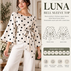 May include: A cream-colored top with black polka dots, featuring a boat neckline, dolman upper sleeves, and wide flared lower sleeves. It includes a detachable waist sash tied in a bow. The image displays text: MYSTOVIA ART LUNA BELL SLEEVE TOP.